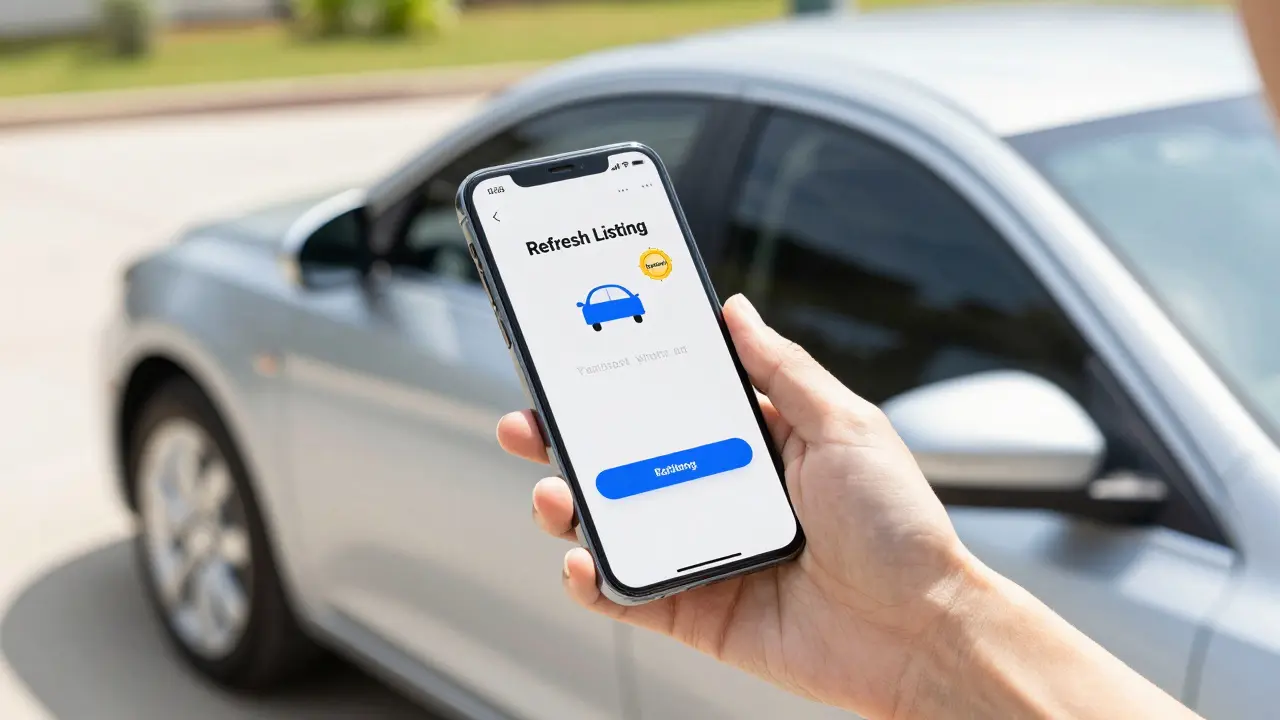 Ruka s chytrým telefonem aktualizuje inzerát na auto na slunné příjezdové cestě.