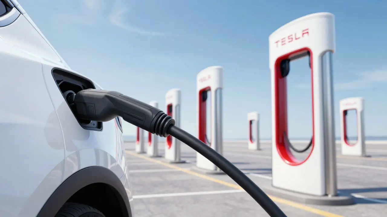Rychlonabíjení elektromobilu na moderní stanici Supercharger u dálnice.
