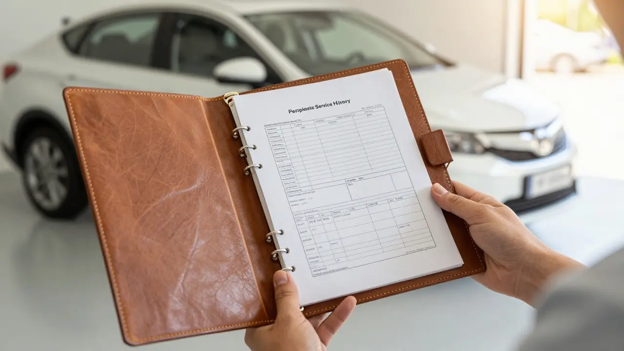 Servisní knížka a faktury u auta v garáži, které zvyšují prodejní cenu.