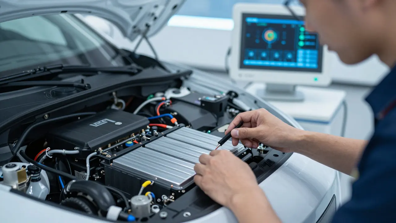 Specialista provádí diagnostiku elektrického systému moderního vozu.