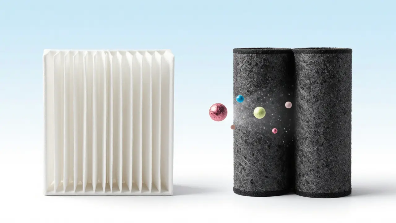 Srovnání bílého papírového filtru a tmavého uhlíkového filtru.