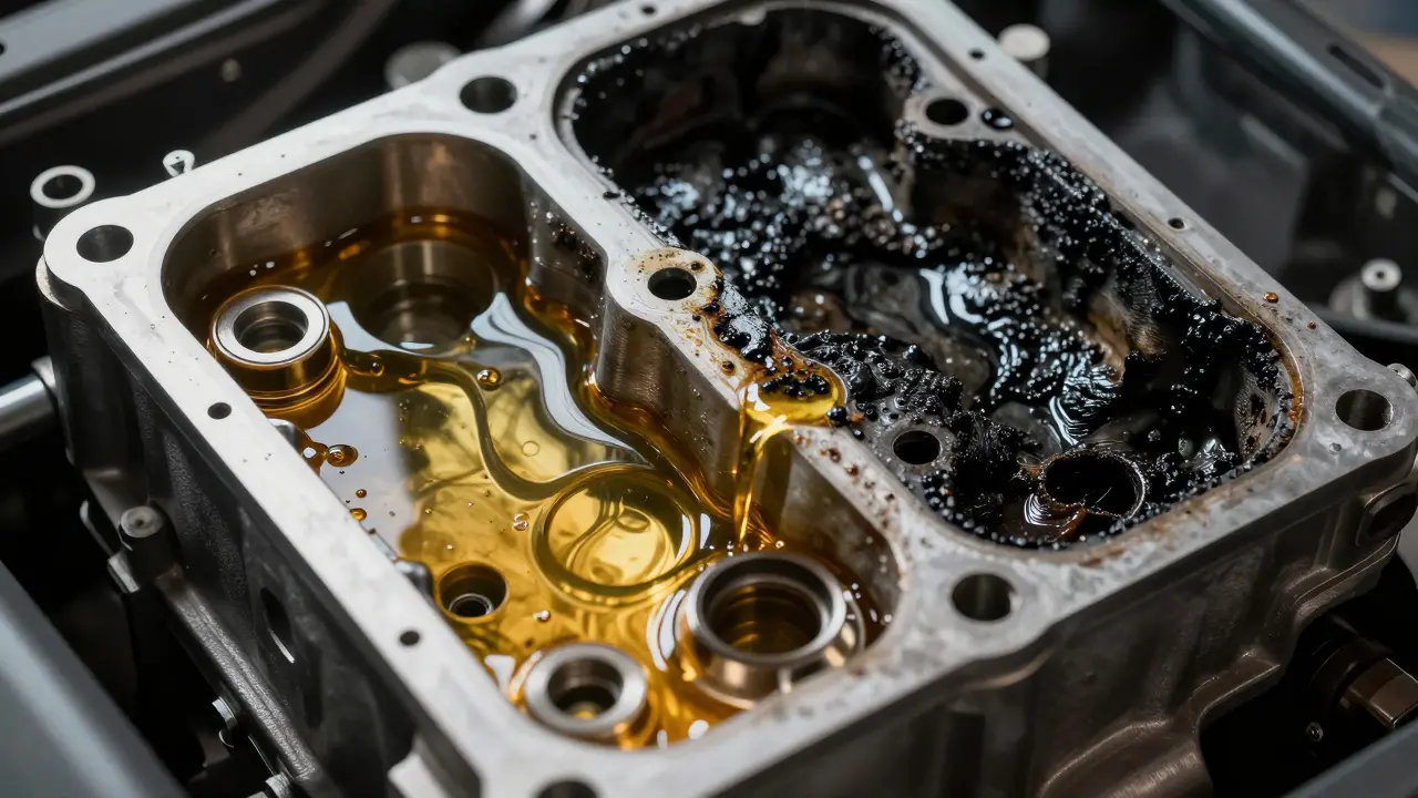 Srovnání čistého zlatého motorového oleje a zčernalého degradovaného oleje v motoru.
