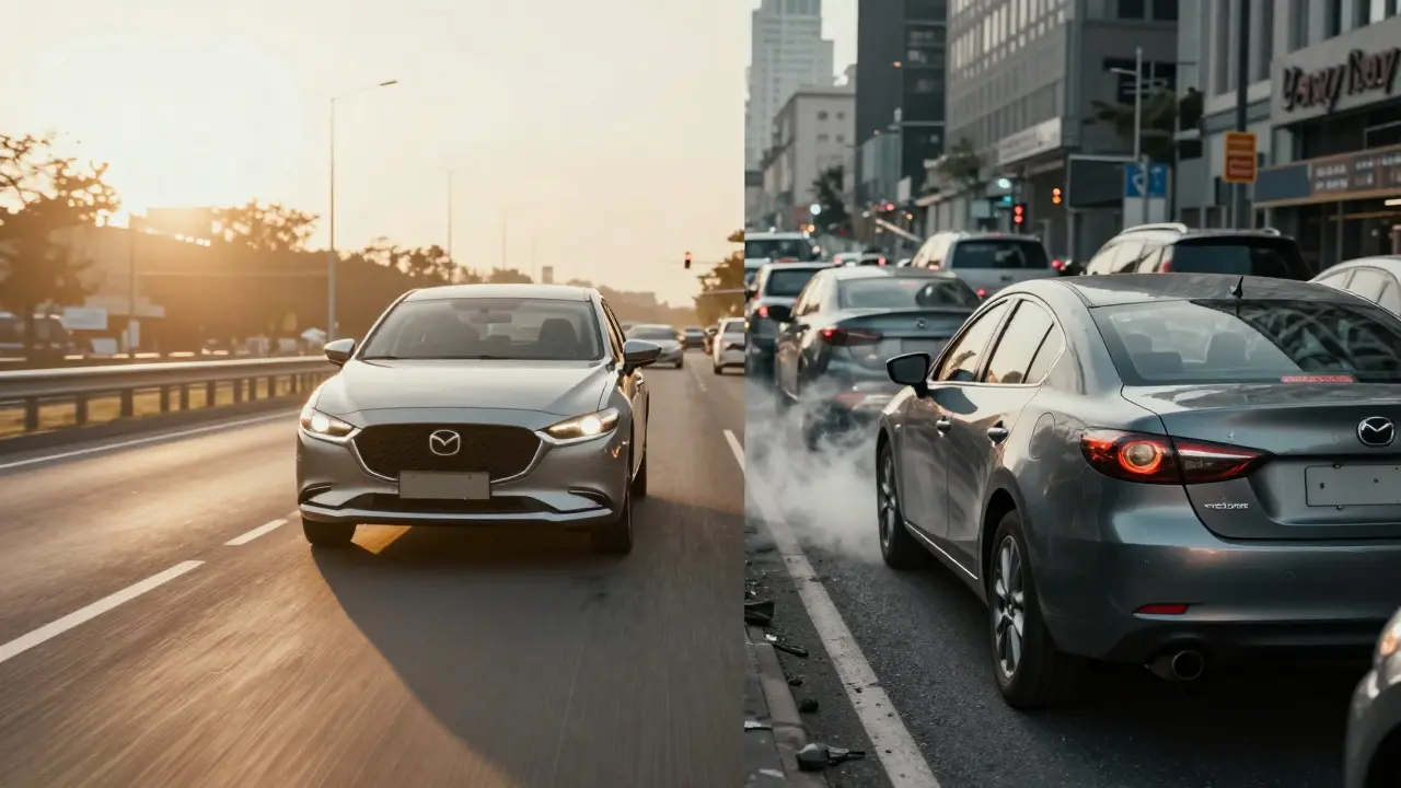 Srovnání jízdy po dálnici a v hustém městském provozu.