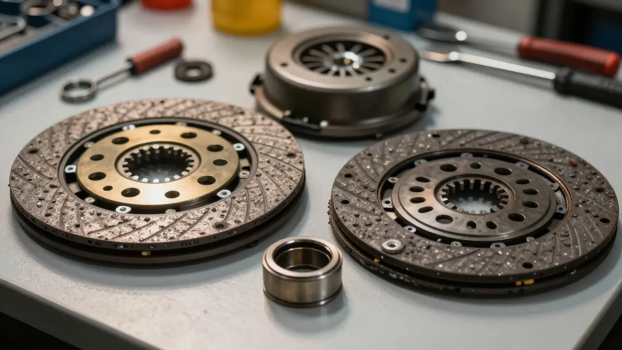 Srovnání nové a opotřebované spojkové sady na pracovní stole v servisu