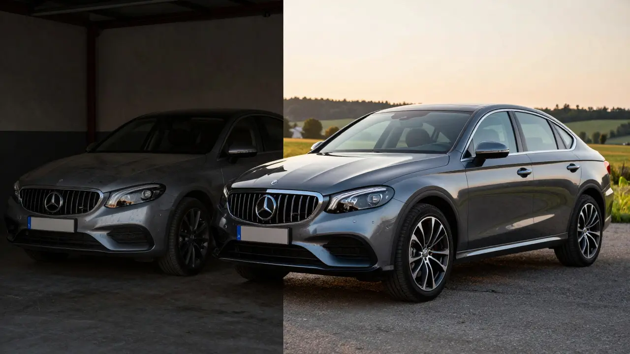 Srovnání staré tmavé fotky auta s novým profesionálním snímkem v přírodě za zlaté hodiny.