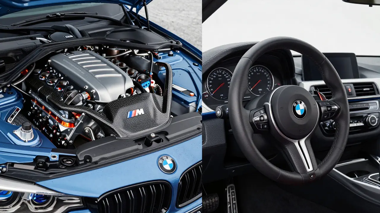 Srovnání vysoce výkonného motoru BMW M a sportovního interiéru M-paketu.