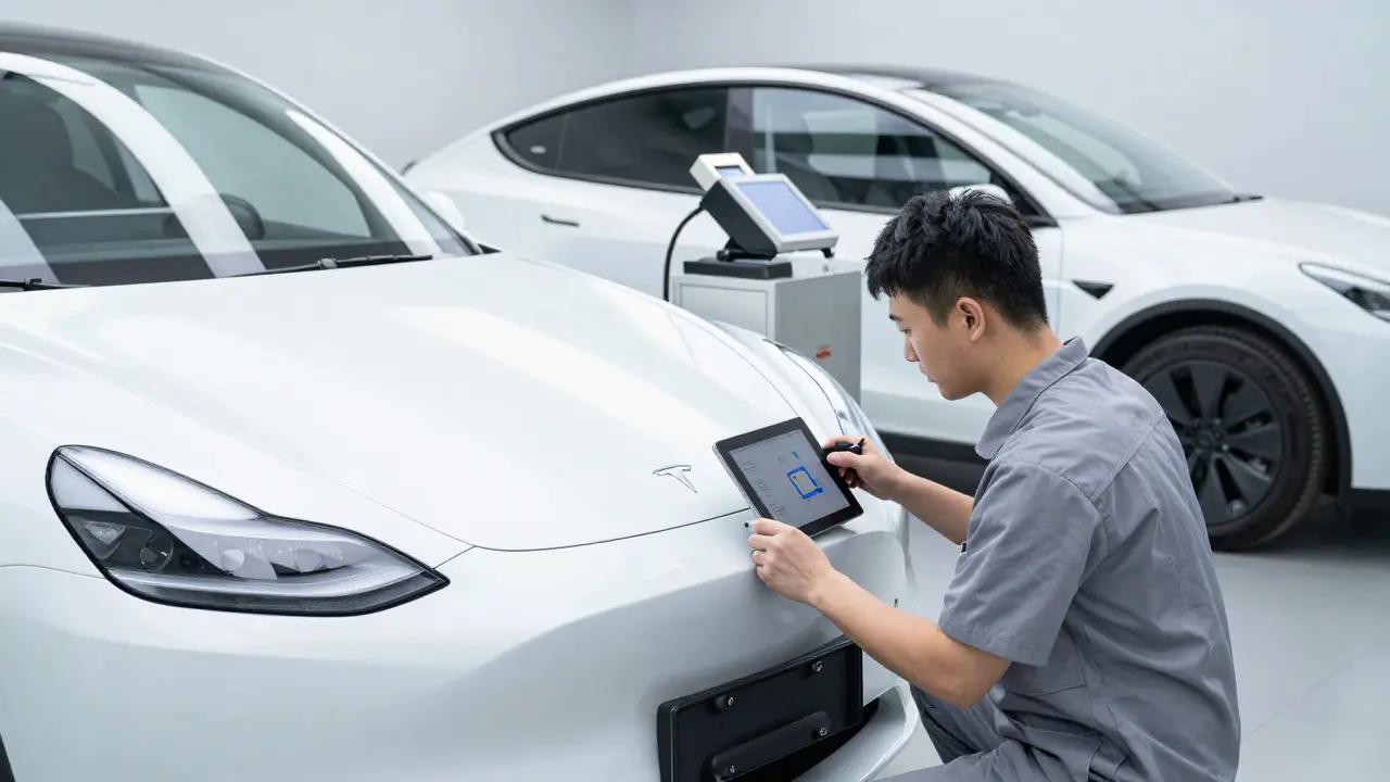 Technik v certifikovaném servisu kalibruje senzory Autopilota u bílé Tesly.