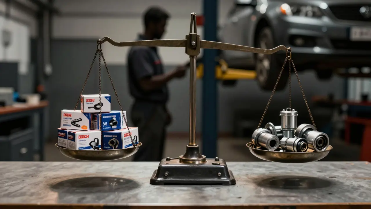 Váhy s originálními a OEM náhradními díly v dílně.