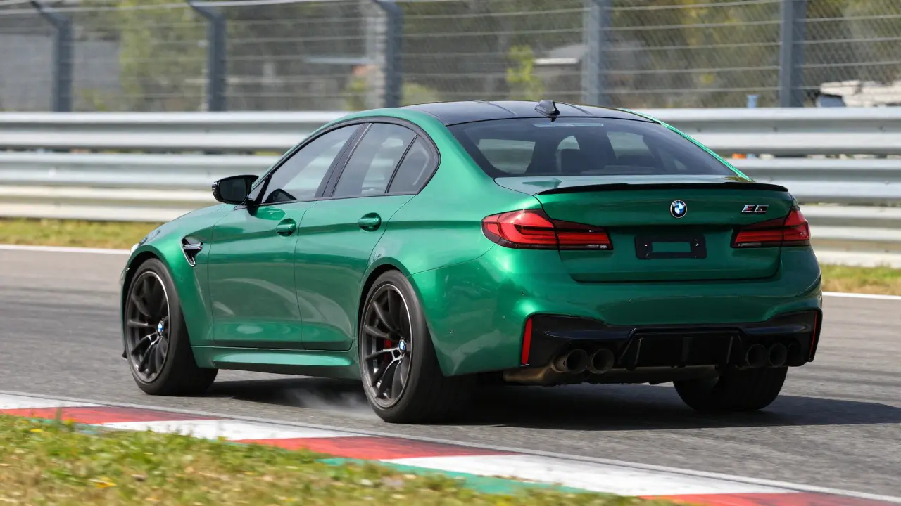 Zelené BMW M5 v plné rychlosti projíždí zatáčkou na okruhu Nürburgring.